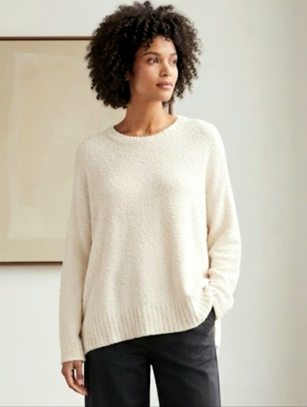 Eileen Fisher Organic Cotton Cashmere Boucle Textured Crewneck Sweater Cream XL